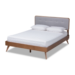Baxton Studio Dilara Mid-Century Modern Light Grey Fabric Upholstered Walnut Brown Finished Wood Queen Size Platform Bed